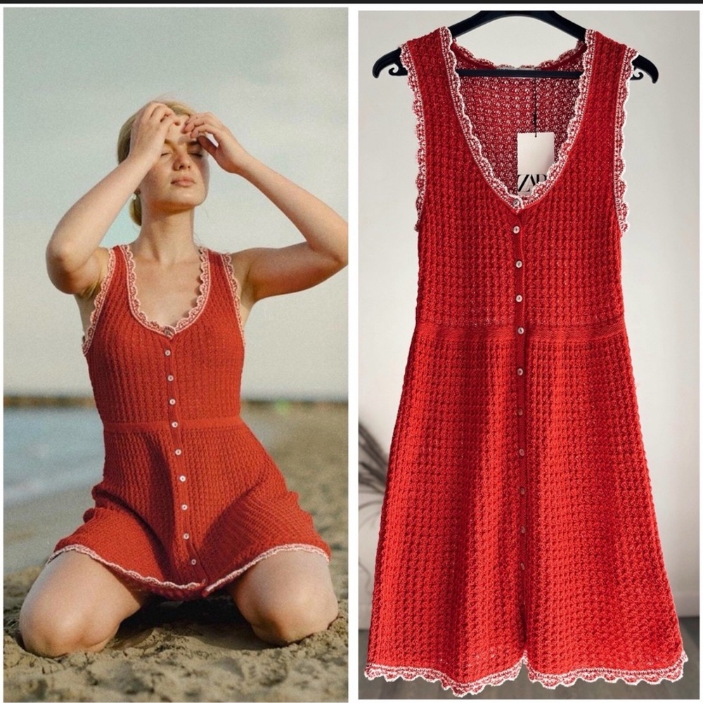 Zara Red Knit Top with White Crochet Trim